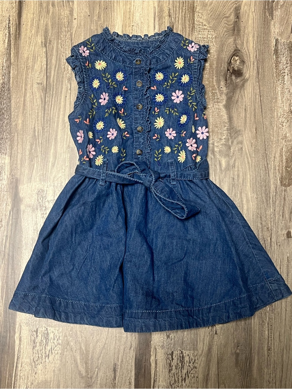 Mini Boden Girls Embroidered Floral Denim Ruffle Dress Size 2-3Y